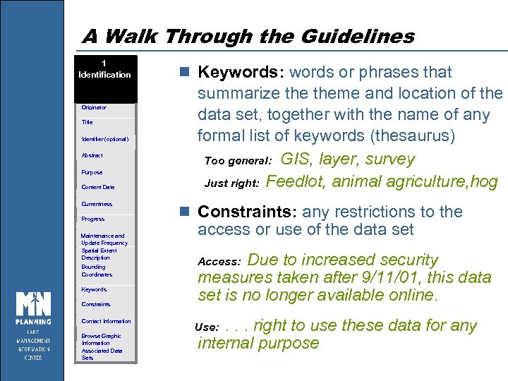 A Walk Through the Guidelines 1 Identification Originator Title Identifier (optional) Abstract Purpose Content