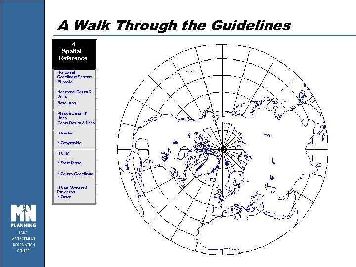 A Walk Through the Guidelines 4 Spatial Reference Horizontal Coordinate Scheme Ellipsoid Horizontal Datum