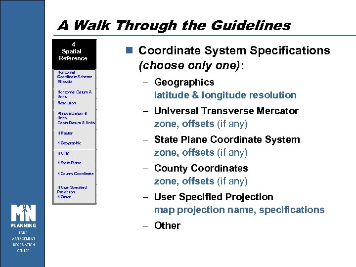 A Walk Through the Guidelines 4 Spatial Reference Horizontal Coordinate Scheme Ellipsoid Horizontal Datum