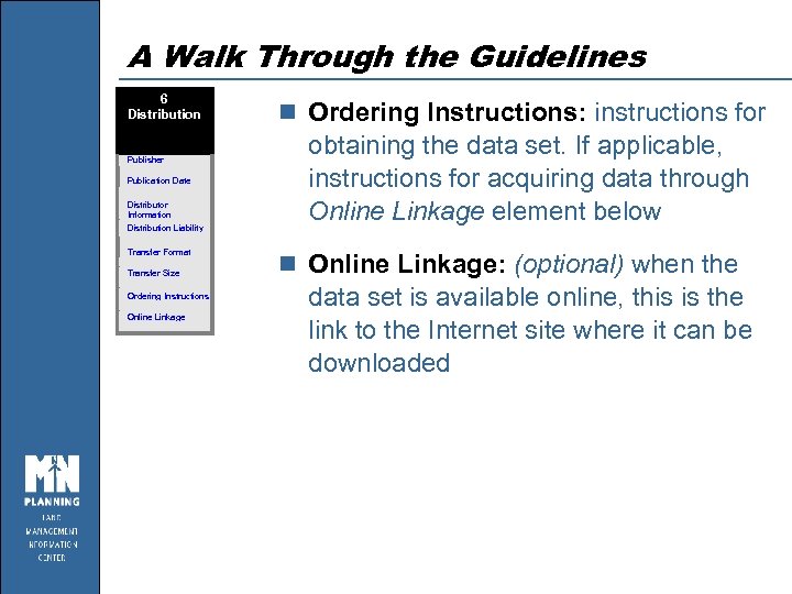A Walk Through the Guidelines 6 Distribution Publisher Publication Date Distributor Information Distribution Liability