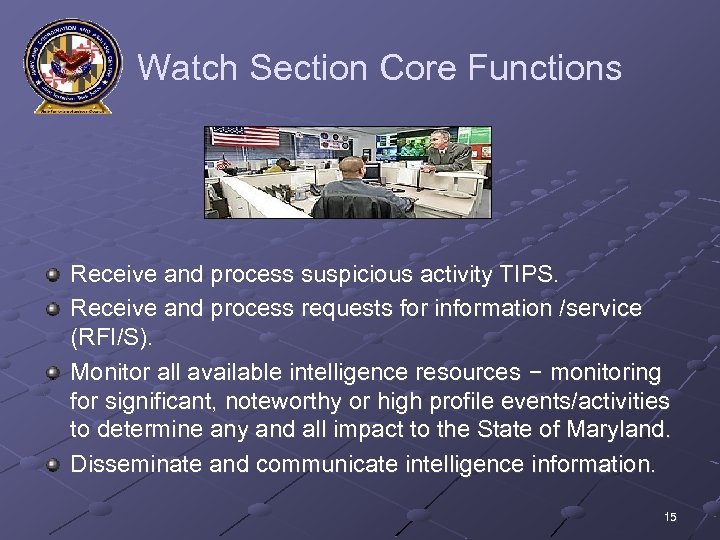  Watch Section Core Functions Receive and process suspicious activity TIPS. Receive and process