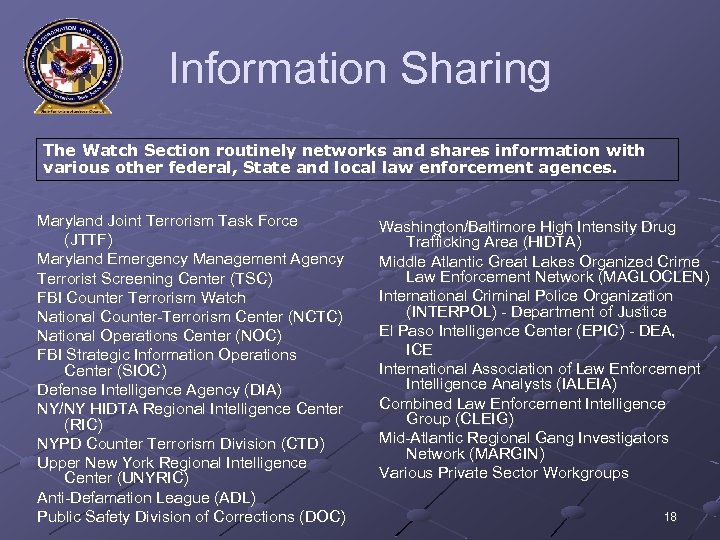 Information Sharing The Watch Section routinely networks and shares information with various other federal,