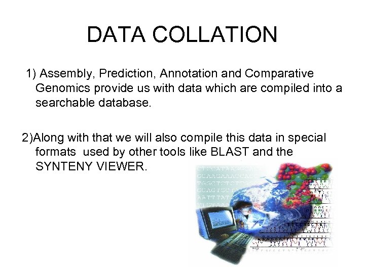 DATA COLLATION 1) Assembly, Prediction, Annotation and Comparative Genomics provide us with data which