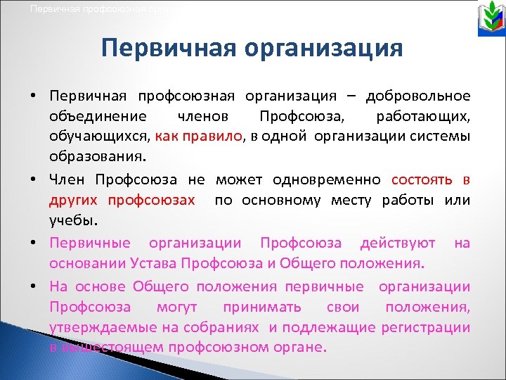 Первичная профсоюзная организация, первичная профсоюзная организация с правами Первичная организация • Первичная профсоюзная организация
