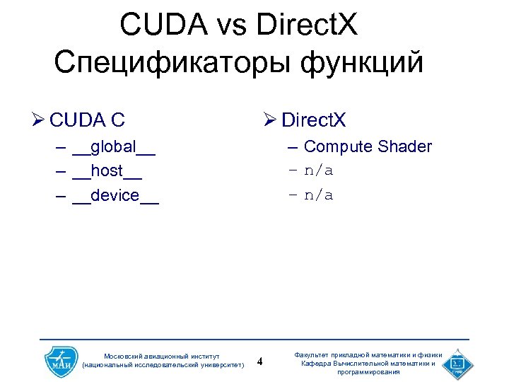 CUDA vs Direct. X Спецификаторы функций Ø CUDA C Ø Direct. X – __global__