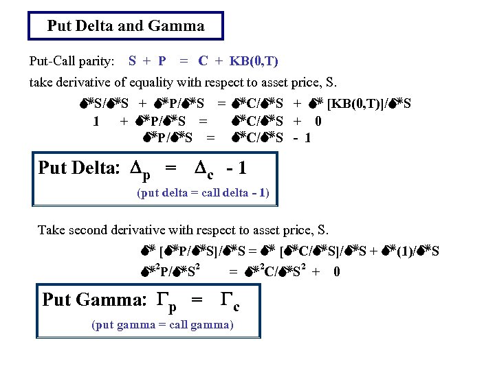 Put Delta and Gamma Put-Call parity: S + P = C + KB(0, T)