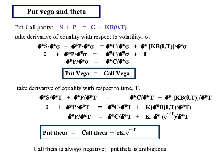 Put vega and theta Put-Call parity: S + P = C + KB(0, T)