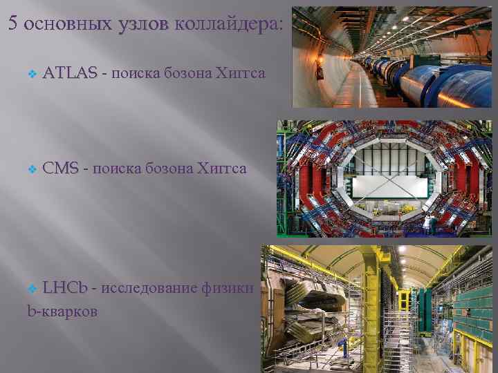 5 основных узлов коллайдера: v ATLAS - поиска бозона Хиггса v CMS - поиска