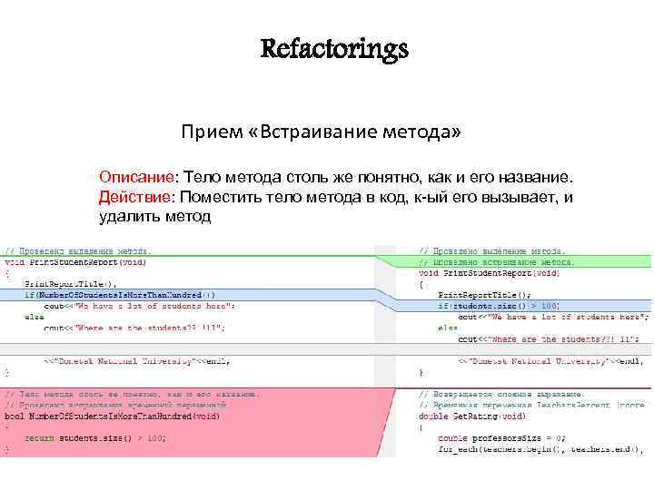 Refactorings Прием «Встраивание метода» Описание: Тело метода столь же понятно, как и его название.