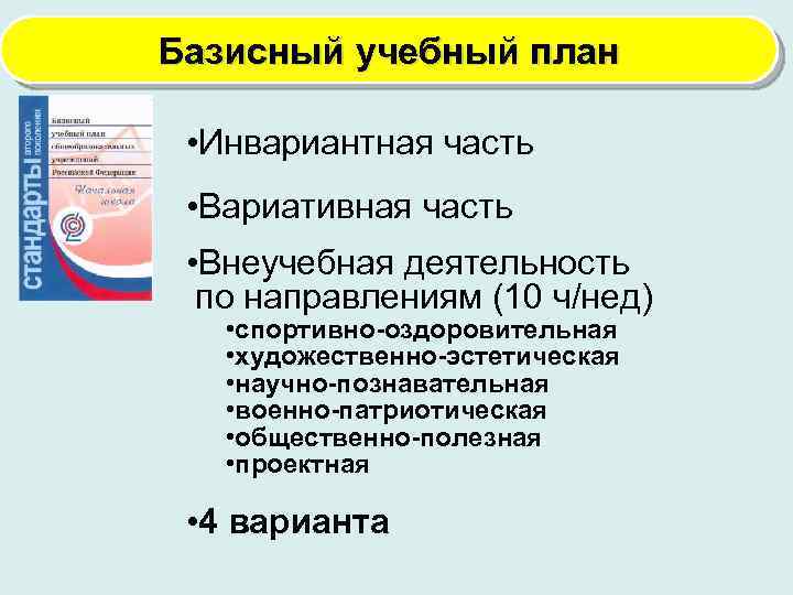 Базисный учебный план • Инвариантная часть • Вариативная часть • Внеучебная деятельность по направлениям