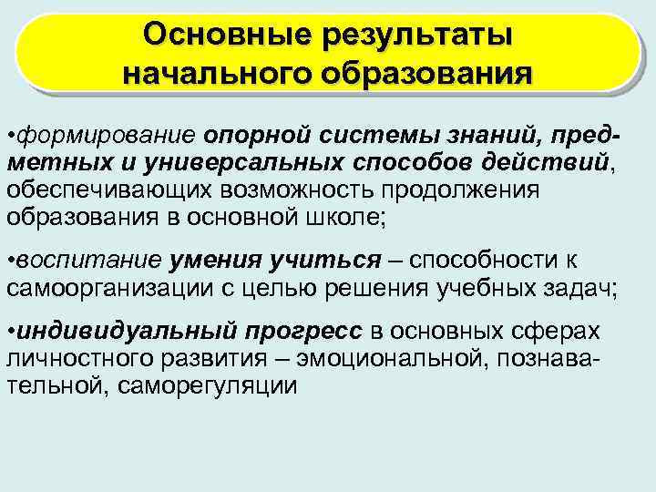 Основные результаты начального образования • формирование опорной системы знаний, предметных и универсальных способов действий,