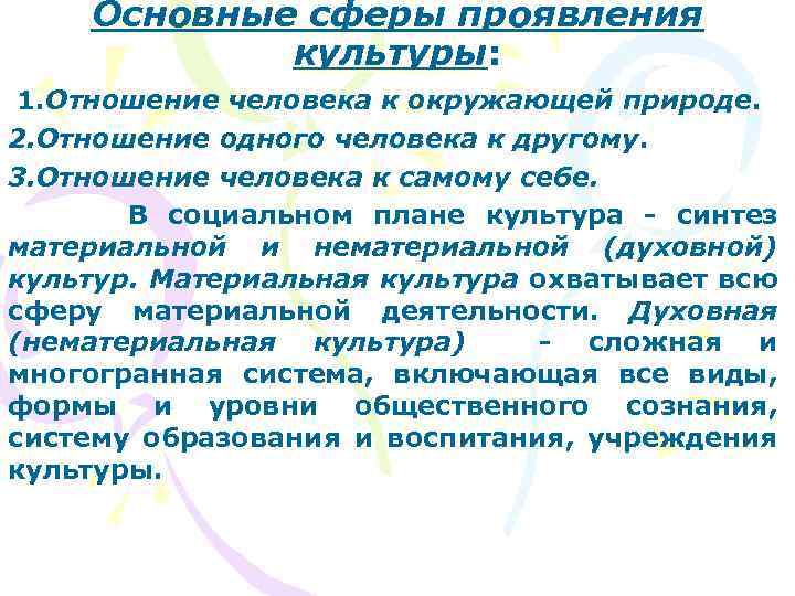 Основные сферы проявления культуры: 1. Отношение человека к окружающей природе. 2. Отношение одного человека