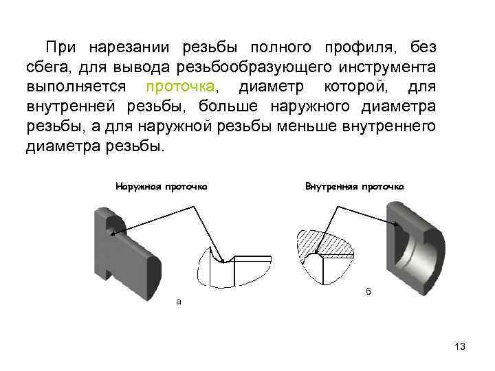 При нарезании резьбы полного профиля, без сбега, для вывода резьбообразующего инструмента выполняется проточка, диаметр