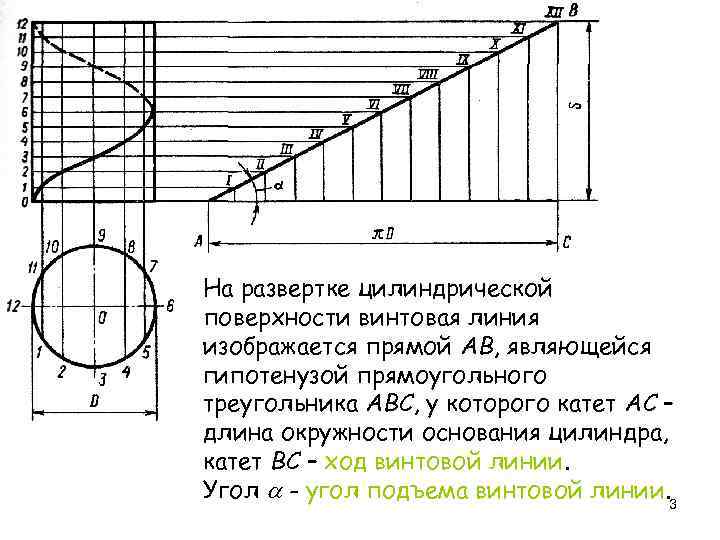 На развертке цилиндрической поверхности винтовая линия изображается прямой АВ, являющейся гипотенузой прямоугольного треугольника АВС,