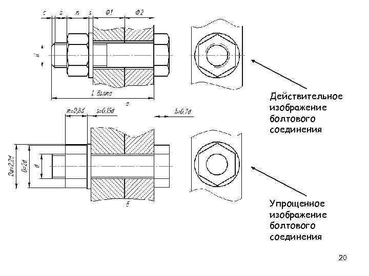 Действительное изображение болтового соединения Упрощенное изображение болтового соединения 20 