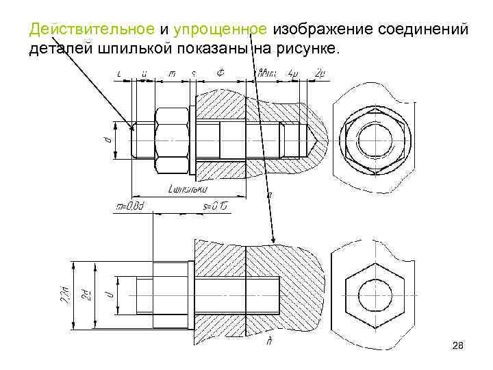 Действительное и упрощенное изображение соединений деталей шпилькой показаны на рисунке. 28 