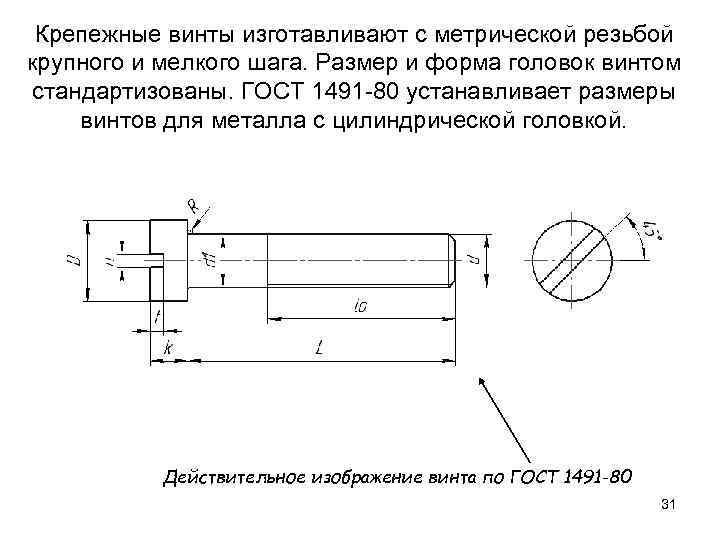 Крепежные винты изготавливают с метрической резьбой крупного и мелкого шага. Размер и форма головок