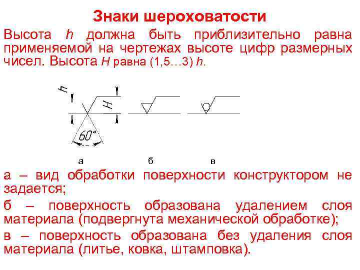 Знаки шероховатости Высота h должна быть приблизительно равна применяемой на чертежах высоте цифр размерных