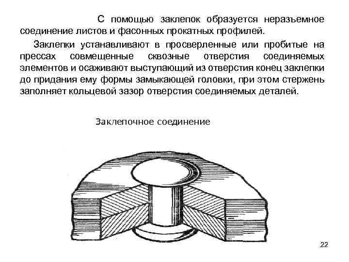  С помощью заклепок образуется неразъемное соединение листов и фасонных прокатных профилей. Заклепки устанавливают