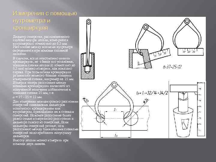Измерения с помощью нутрометра и кронциркуля Диаметр отверстия, расположенного глубоко внутри детали, изме ряется