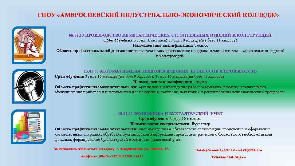 ГПОУ «АМВРОСИЕВСКИЙ ИНДУСТРИАЛЬНО-ЭКОНОМИЧЕСКИЙ КОЛЛЕДЖ» 08. 02. 03 ПРОИЗВОДСТВО НЕМЕТАЛЛИЧЕСКИХ СТРОИТЕЛЬНЫХ ИЗДЕЛИЙ И КОНСТРУКЦИЙ Срок