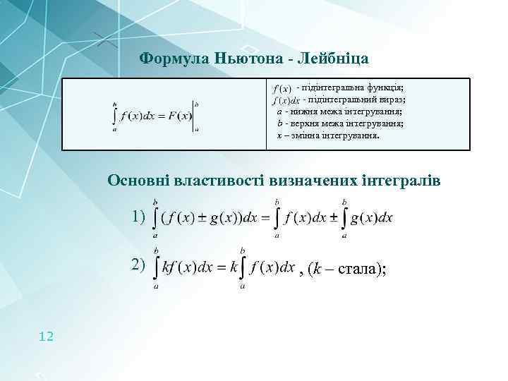 Формула Ньютона - Лейбніца - підінтегральна функція; - підінтегральний вираз; a - нижня межа