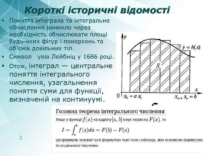 Короткі історичні відомості § Поняття інтеграла та інтегральне обчислення виникло через необхідність обчислювати площі