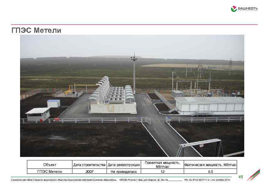 ГПЭС Метели Объект ГПЭС Метели Дата строительства Дата реконструкции 2007 Не проводилась Проектная мощность,