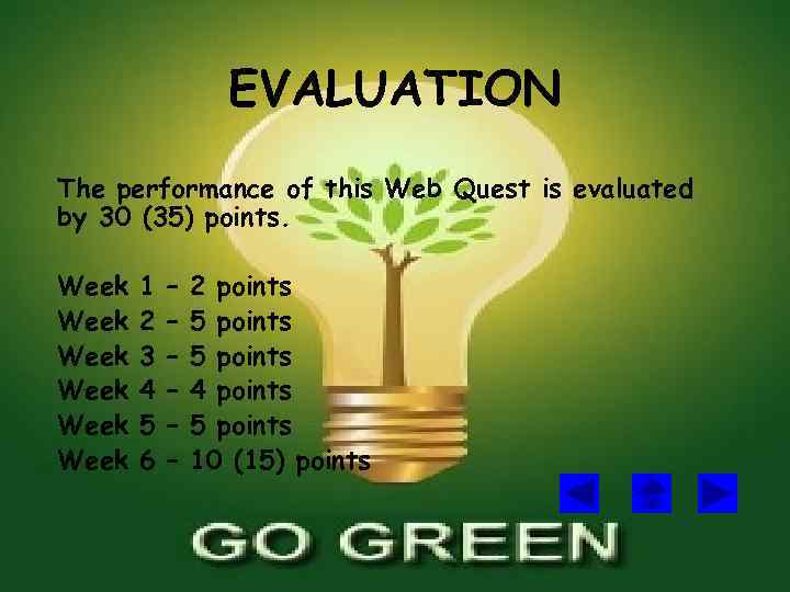EVALUATION The performance of this Web Quest is evaluated by 30 (35) points. Week