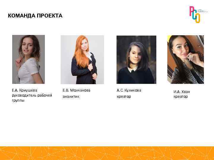 КОМАНДА ПРОЕКТА Е. А. Криушева руководитель рабочей группы Е. B. Молчанова аналитик А. С.