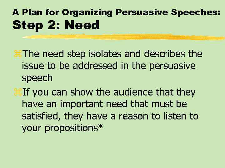 A Plan for Organizing Persuasive Speeches: Step 2: Need z. The need step isolates