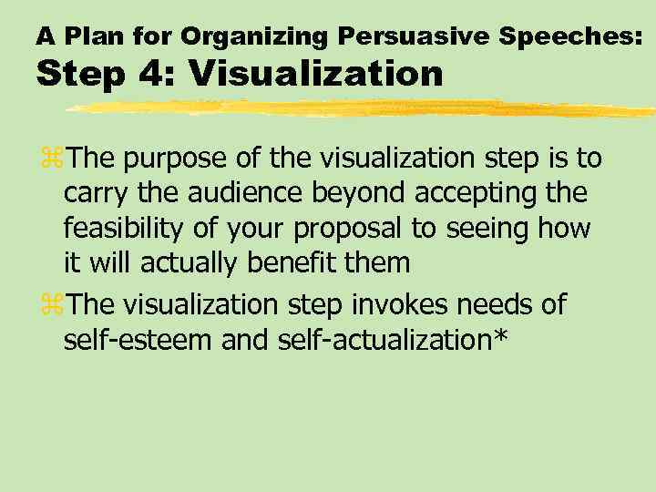 A Plan for Organizing Persuasive Speeches: Step 4: Visualization z. The purpose of the