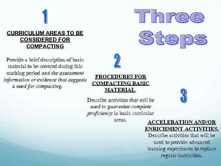 CURRICULUM AREAS TO BE CONSIDERED FOR COMPACTING Provide a brief description of basic material