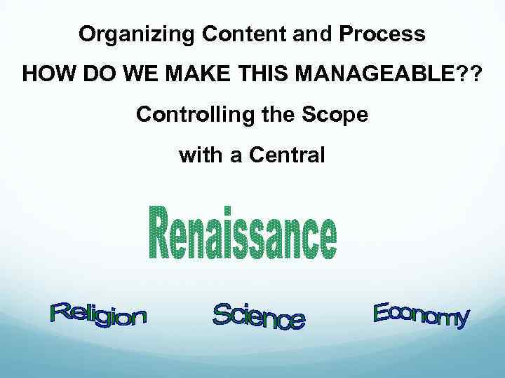 Organizing Content and Process HOW DO WE MAKE THIS MANAGEABLE? ? Controlling the Scope