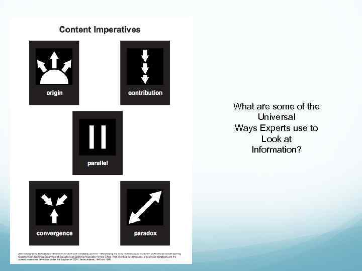 What are some of the Universal Ways Experts use to Look at Information? 