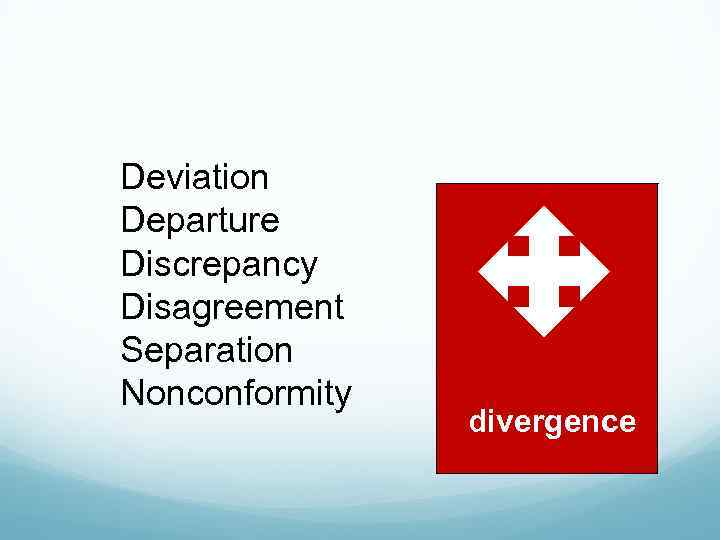 Deviation Departure Discrepancy Disagreement Separation Nonconformity divergence 