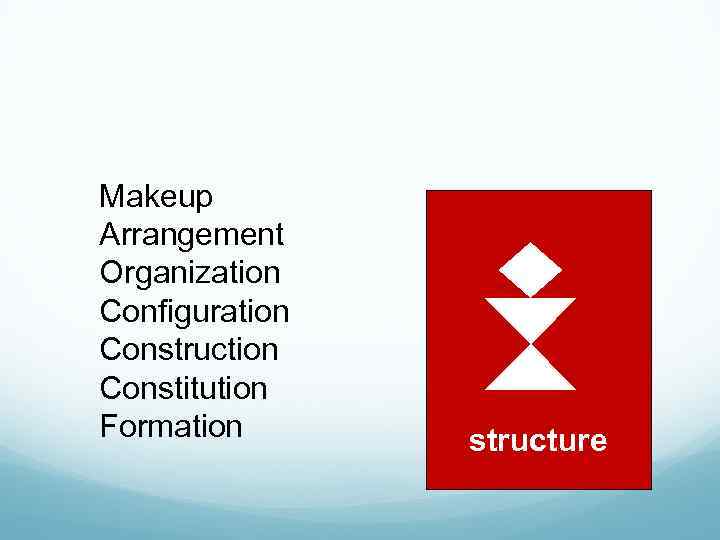 Makeup Arrangement Organization Configuration Construction Constitution Formation structure 