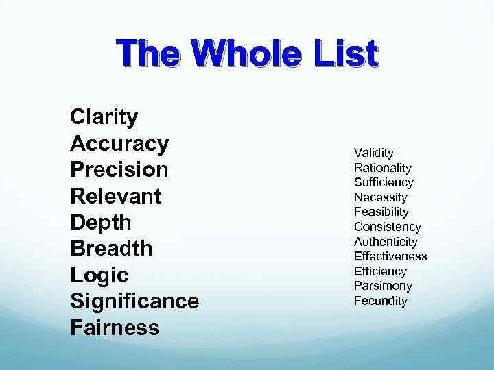 The Whole List Clarity Accuracy Precision Relevant Depth Breadth Logic Significance Fairness Validity Rationality