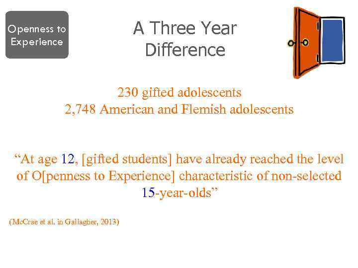 Openness to Experience A Three Year Difference 230 gifted adolescents 2, 748 American and