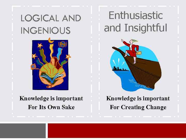 LOGICAL AND INGENIOUS Knowledge is important For Its Own Sake Enthusiastic and Insightful Knowledge