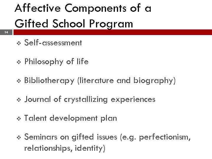 14 Affective Components of a Gifted School Program v Self-assessment v Philosophy of life