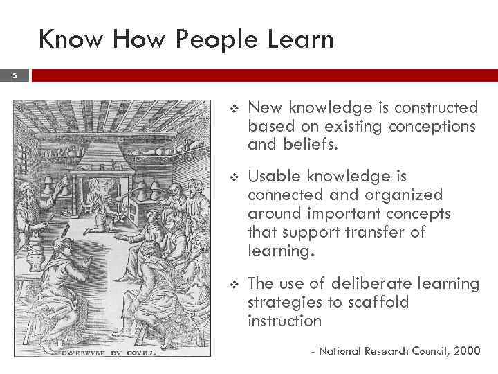 Know How People Learn 5 v New knowledge is constructed based on existing conceptions