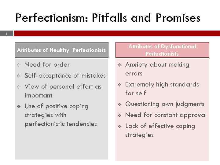 Perfectionism: Pitfalls and Promises 8 Attributes of Dysfunctional Perfectionists Attributes of Healthy Perfectionists v