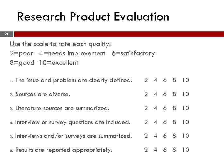 Research Product Evaluation 21 Use the scale to rate each quality: 2=poor 4=needs improvement