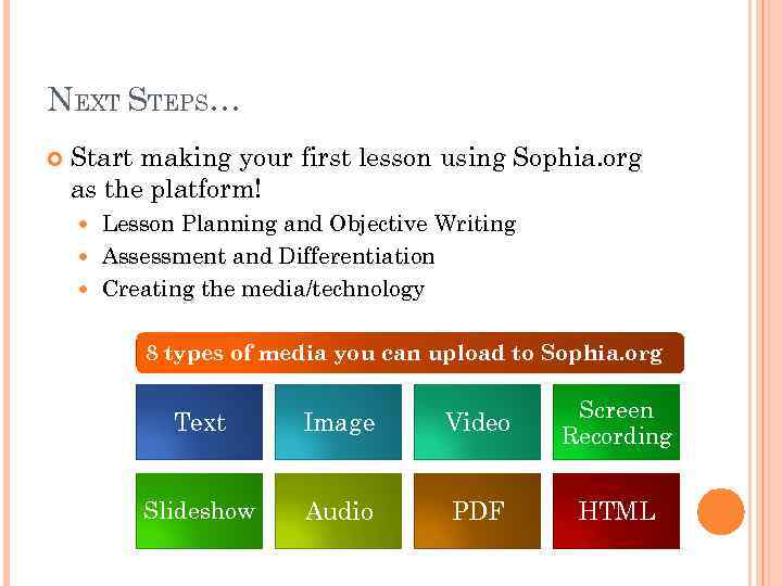NEXT STEPS… Start making your first lesson using Sophia. org as the platform! Lesson