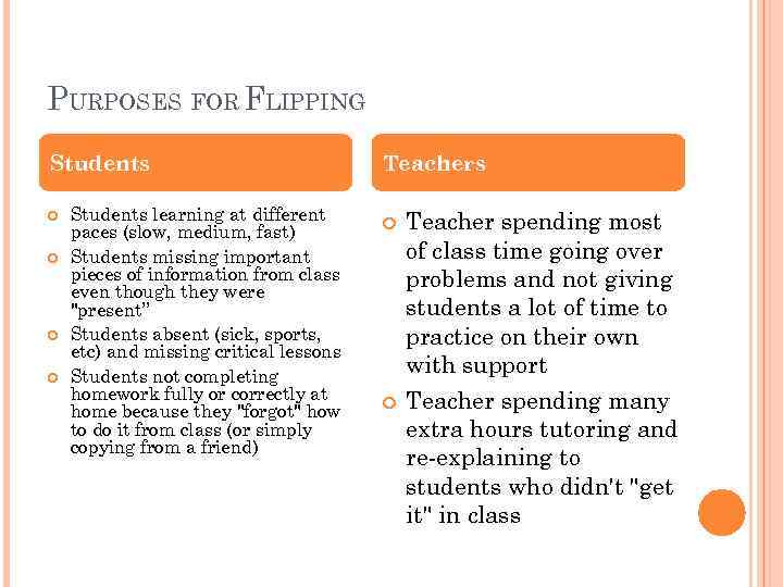 PURPOSES FOR FLIPPING Students learning at different paces (slow, medium, fast) Students missing important