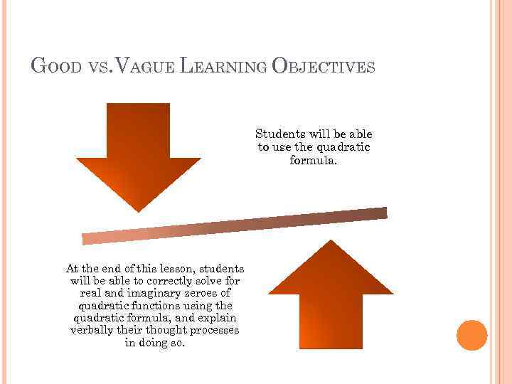 GOOD VS. VAGUE LEARNING OBJECTIVES Students will be able to use the quadratic formula.