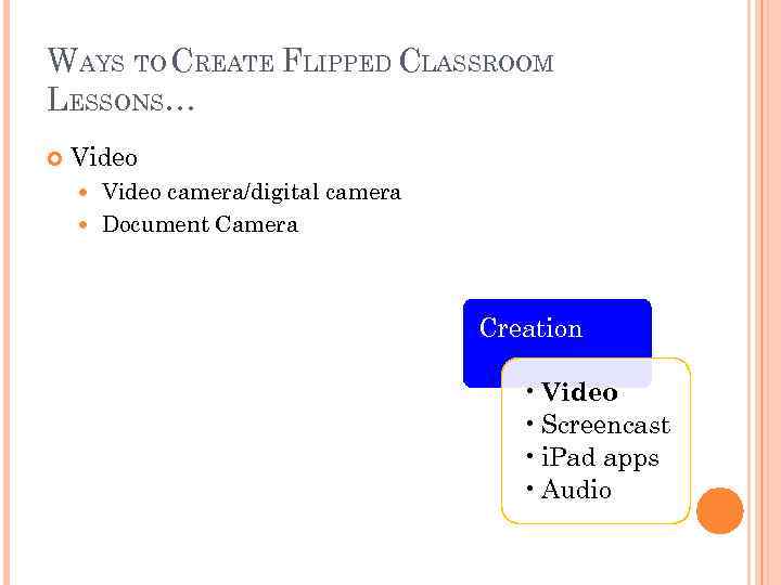 WAYS TO CREATE FLIPPED CLASSROOM LESSONS… Video camera/digital camera Document Camera Creation • Video