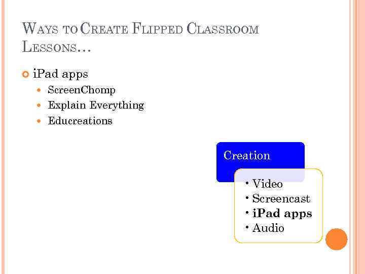 WAYS TO CREATE FLIPPED CLASSROOM LESSONS… i. Pad apps Screen. Chomp Explain Everything Educreations
