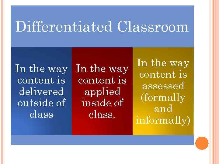 Differentiated Classroom In the way content is assessed delivered applied (formally outside of inside